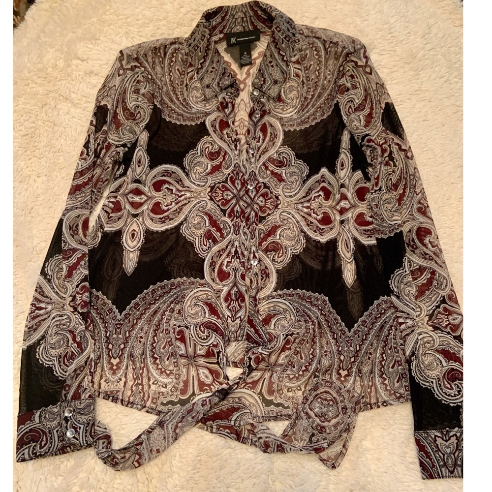 EUC I•N•C Sheer Black/Purple/Multi Blouse -M